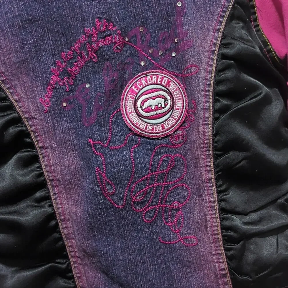 Eckō Ecko Red Girls Denim Sweatshirt Jacket Size M Pink Embroidered Rhinestone